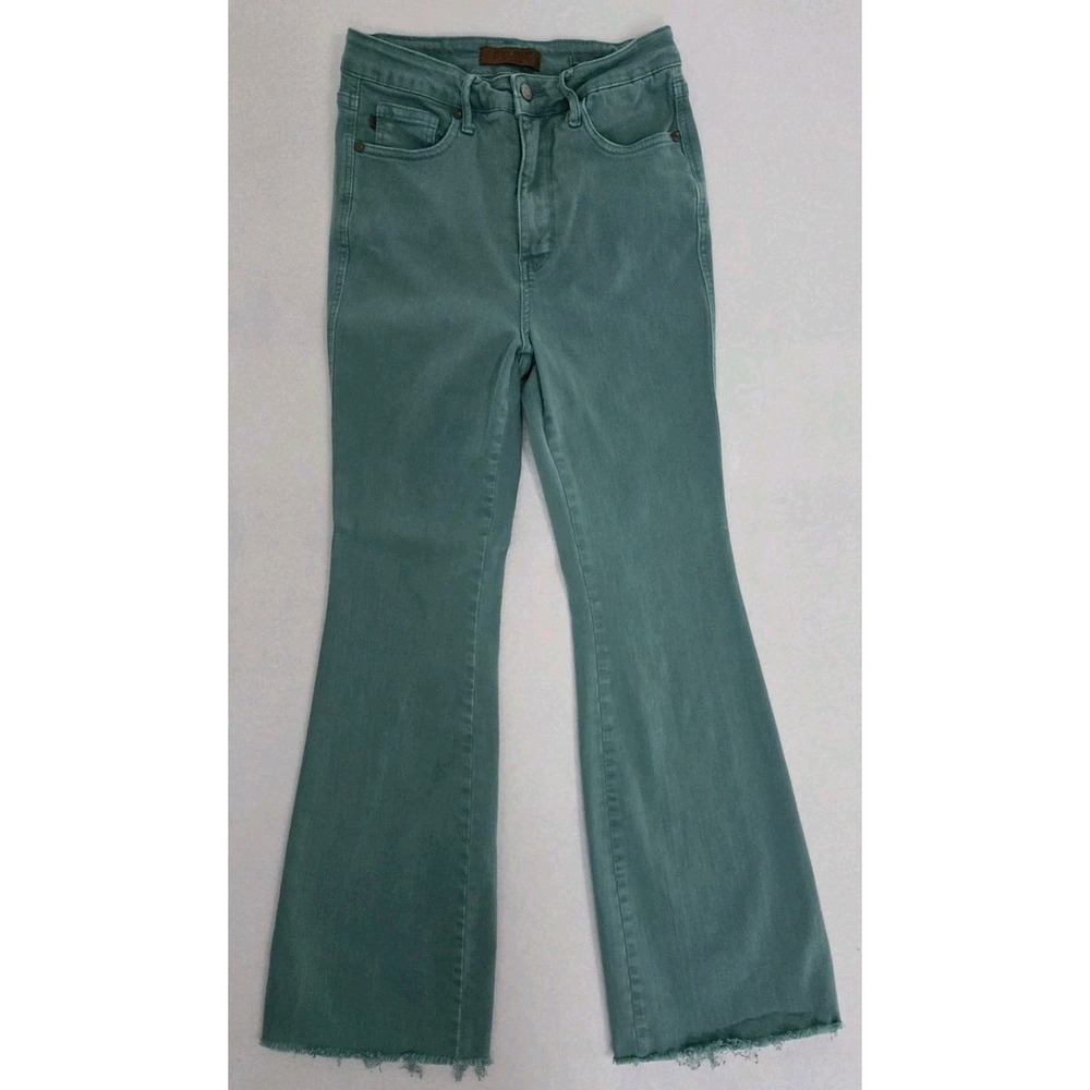Judy Blue High Waist Flare Jeans Teal Green Raw Hem JB88804 C Women's 7/28